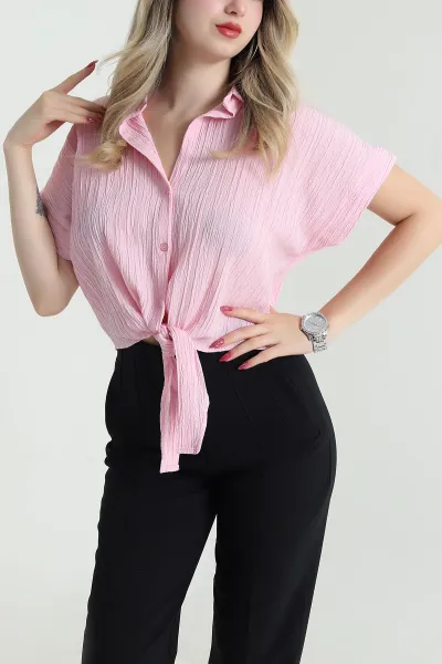 Pembe Bağlamalı Gofre Kadın Gömlek 475719