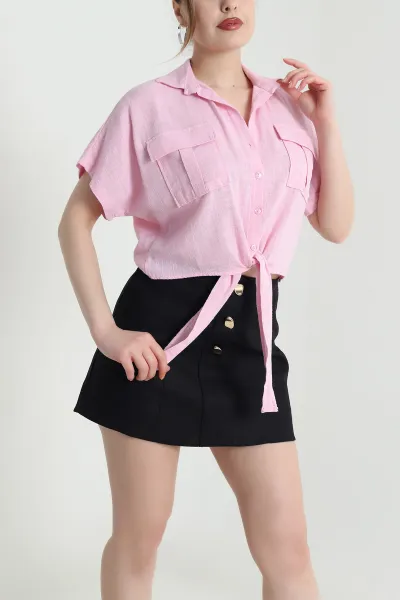 Pembe Bağlamalı Kadın Keten Gömlek 460142