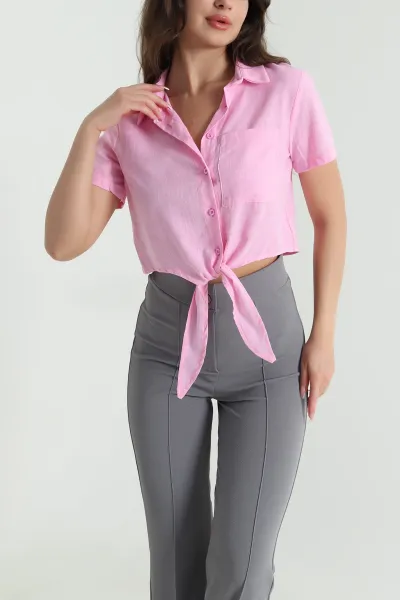 Pembe Bağlamalı Keten Kadın Gömlek 462614