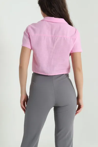 Pembe Bağlamalı Keten Kadın Gömlek 462614