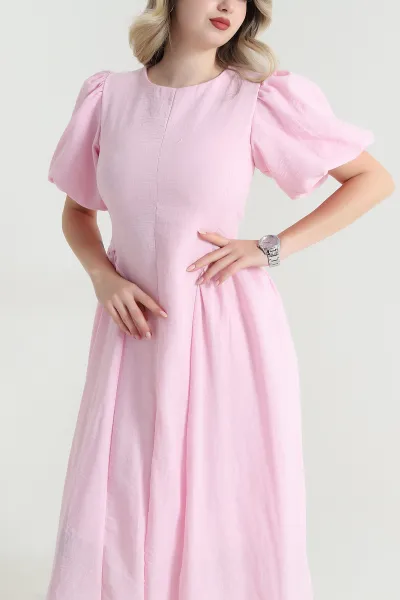 Pembe Bağlamalı Müslin Keten Kadın Elbise 465009
