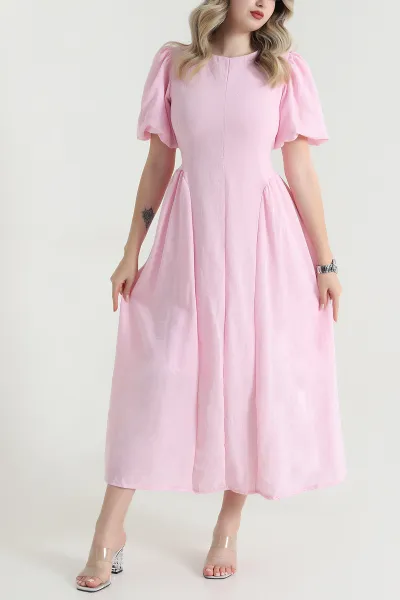 Pembe Bağlamalı Müslin Keten Kadın Elbise 465009