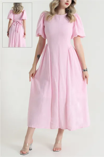 pembe-baglamali-muslin-keten-kadin-elbise-465009