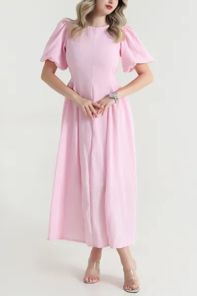 Pembe Bağlamalı Müslin Keten Kadın Elbise 465009
