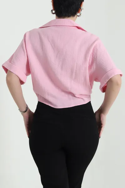 Pembe Bağlamalı Müslin Keten Kadın Gömlek 452386