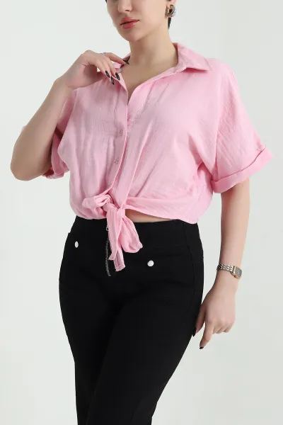 Pembe Bağlamalı Müslin Keten Kadın Gömlek 452386