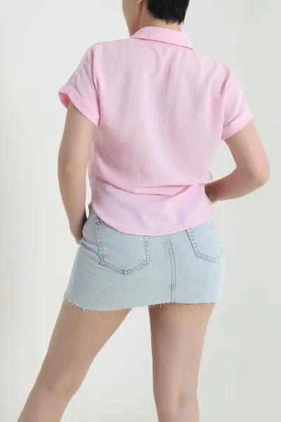 Pembe Bağlamalı Müslin Keten Kadın Gömlek 462354