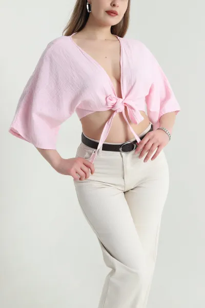 Pembe Bağlamalı Müslin Keten Kadın Kimono Bluz 464822