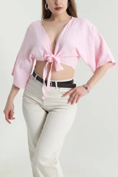 Pembe Bağlamalı Müslin Keten Kadın Kimono Bluz 464822