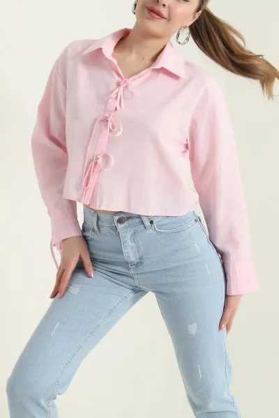 Pembe Bağlamalı Poplin Kadın Gömlek 432564