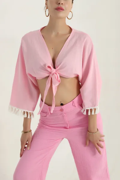 Pembe Bağlamalı Tasarım Kadın Bluz 381091