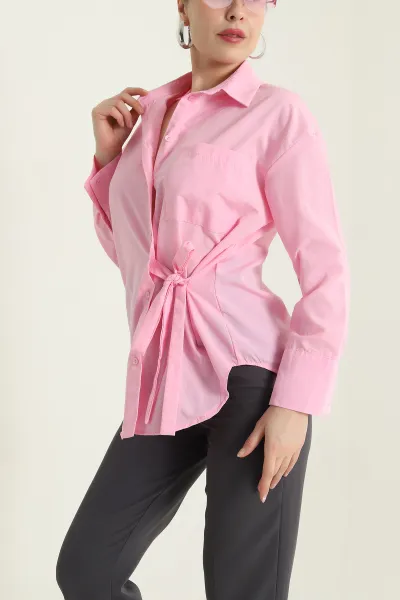 Pembe Bağlamalı Tasarım Poplin Kadın Gömlek 437155