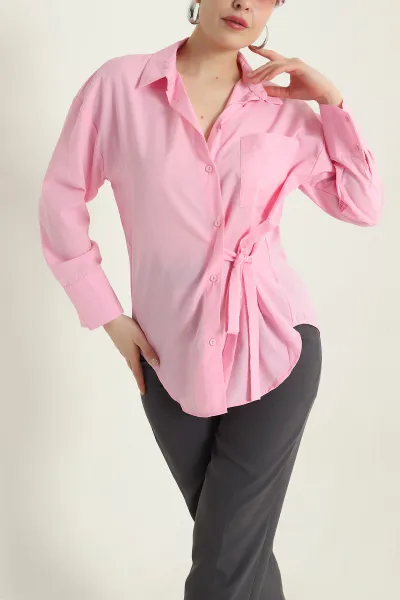 Pembe Bağlamalı Tasarım Poplin Kadın Gömlek 437155