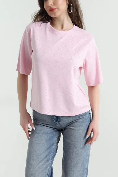 Pembe Baklava Desen Taşlı Oysho Kadın Tişört 450246