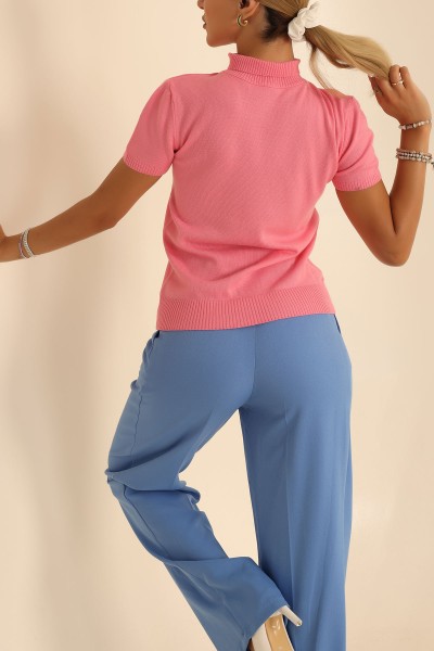 Pembe Balıkçı Yaka Kısa Kollu Triko 200833