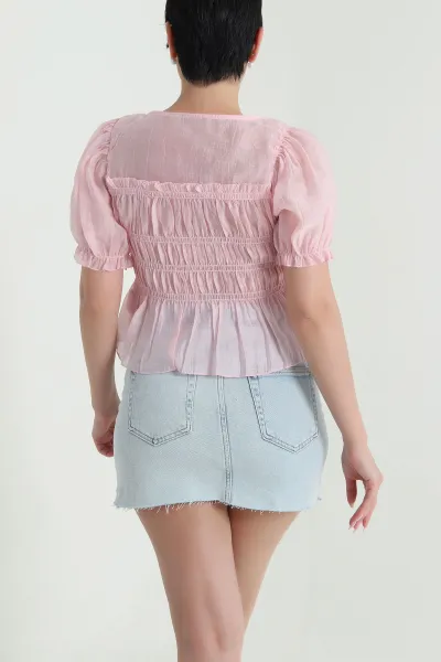Pembe Balon Kol Tencel Kadın Bluz 463194