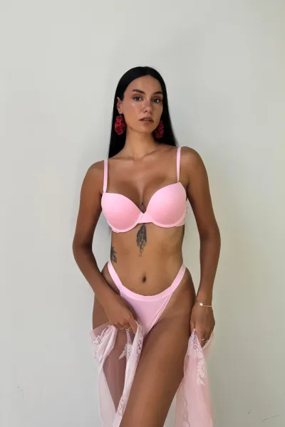 Pembe Bambu Spor Model Destekli Sütyen Takım 390194