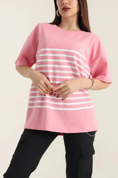 Pembe Baskılı Bisiklet Yaka Oversize Bayan Tişört 337668