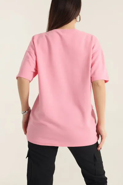 Pembe Baskılı Bisiklet Yaka Oversize Bayan Tişört 337668