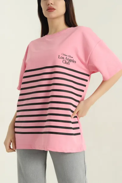 Pembe Baskılı Bisiklet Yaka Oversize Kadın İki İp Tişört 347167