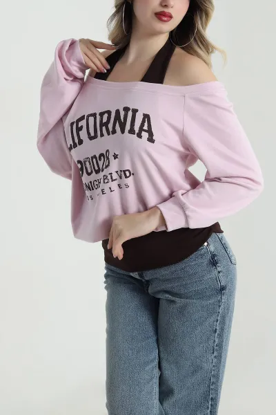 Pembe Baskılı Boyundan Geçmeli Vortex Kadın Bluz 490597
