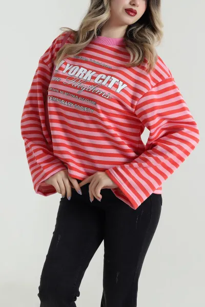 Pembe Baskılı Çizgili Üç İp Kadın Sweat 495932