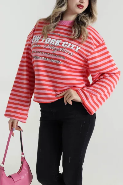 Pembe Baskılı Çizgili Üç İp Kadın Sweat 495932