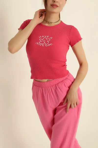 Pembe Baskılı Fitilli Bayan Bluz 279670
