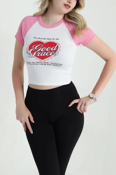 Pembe Baskılı Fitilli Kadın Tişört 460322