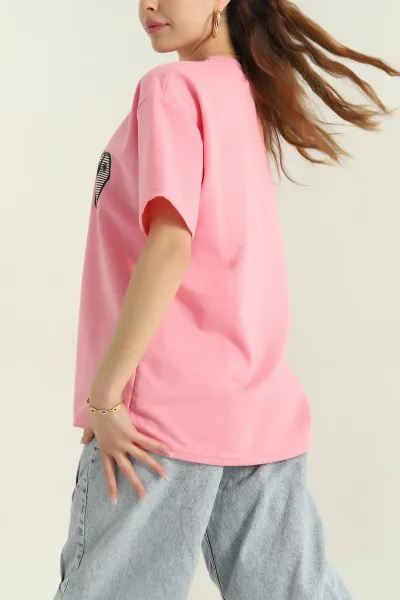 Pembe Baskılı İki İp Kadın Oversize Tişört 356684