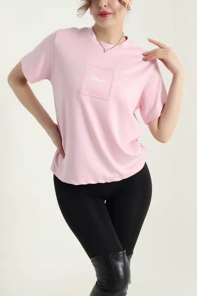 Pembe Baskılı İnterlok Kadın Tişört 435330
