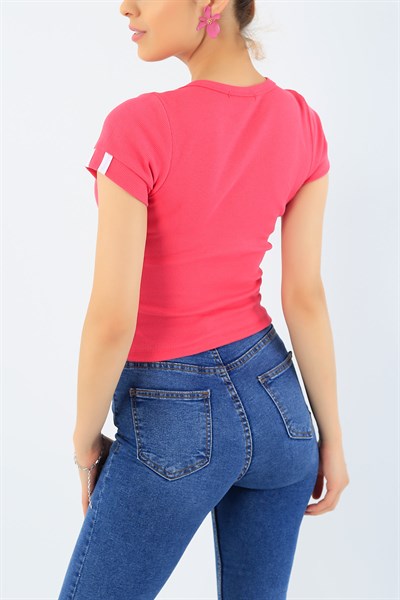 Pembe Baskılı Kaşkorse Crop Tişört 34320
