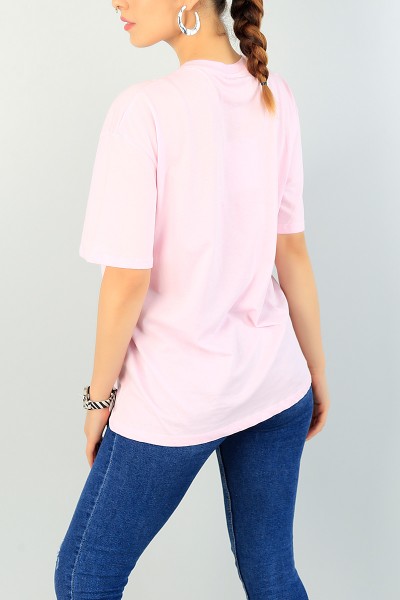 Pembe Baskılı Likralı Bayan Tişört 71731