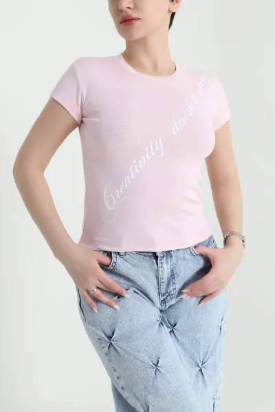 Pembe Baskılı Likralı Kadın Tişört 449668