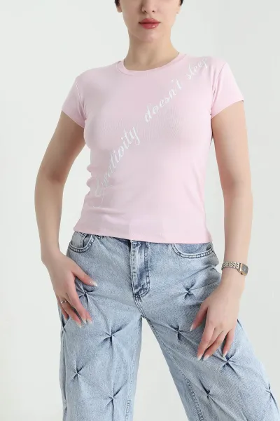 Pembe Baskılı Likralı Kadın Tişört 449668