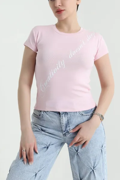 Pembe Baskılı Likralı Kadın Tişört 449668