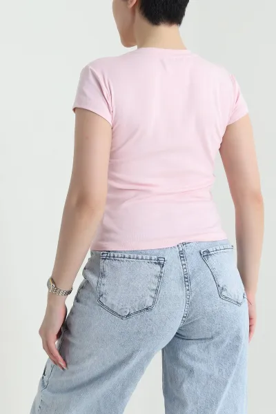 Pembe Baskılı Likralı Kadın Tişört 449668