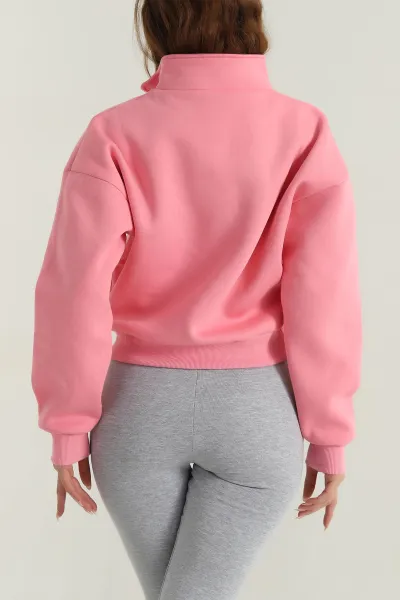 Pembe Baskılı Şardonlu Kadın Fermuarlı Sweat 396480