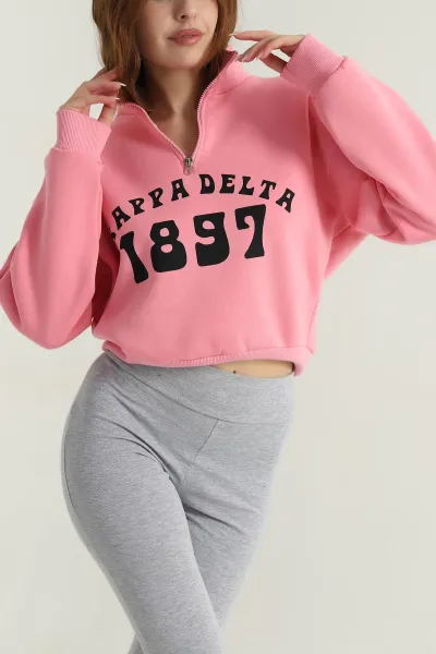 Pembe Baskılı Şardonlu Kadın Fermuarlı Sweat 396480