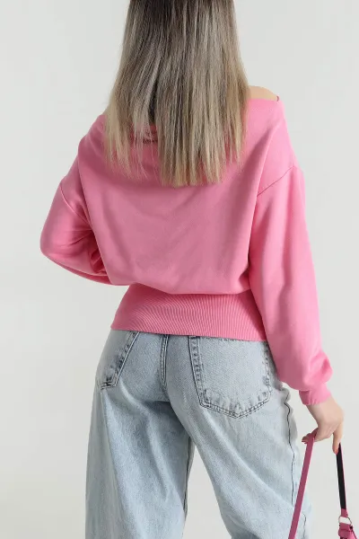 Pembe Baskılı Şardonsuz Üç İp Kadın Fermuarsız Sweat 491693