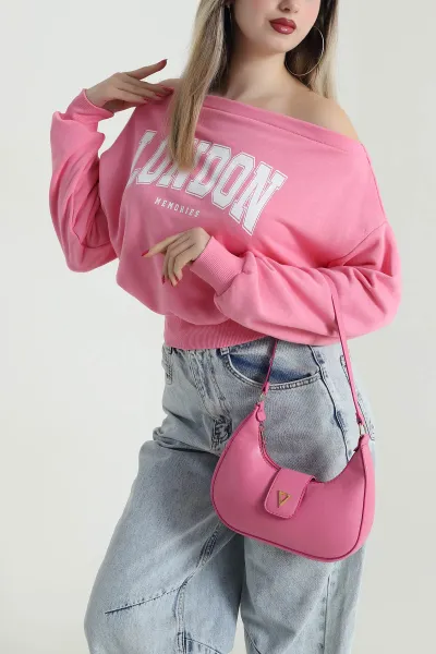 Pembe Baskılı Şardonsuz Üç İp Kadın Fermuarsız Sweat 491693