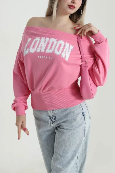 Pembe Baskılı Şardonsuz Üç İp Kadın Fermuarsız Sweat 491693