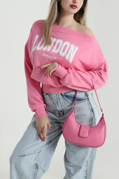 Pembe Baskılı Şardonsuz Üç İp Kadın Fermuarsız Sweat 491693