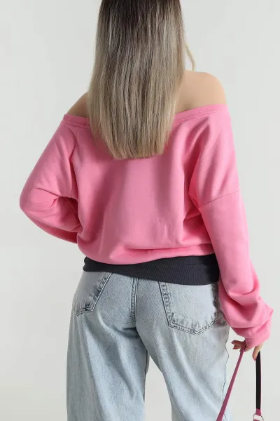 Pembe Baskılı Şardonsuz Üç İp Kadın Fermuarsız Sweat 491704