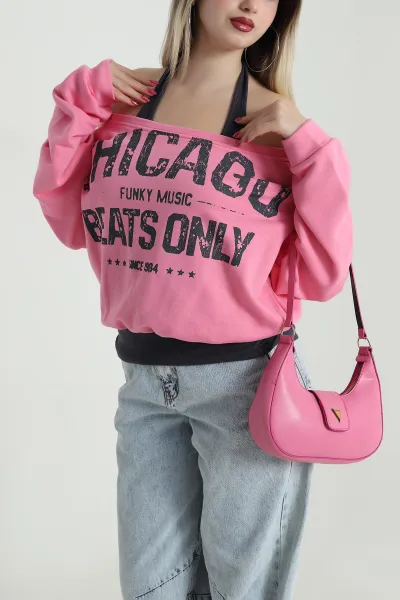 Pembe Baskılı Şardonsuz Üç İp Kadın Fermuarsız Sweat 491704