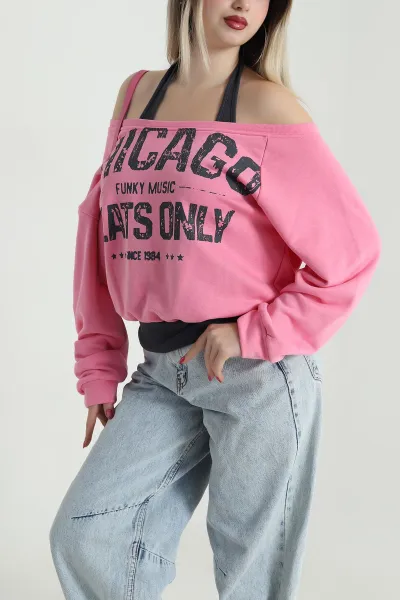 Pembe Baskılı Şardonsuz Üç İp Kadın Fermuarsız Sweat 491704