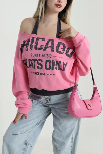 Pembe Baskılı Şardonsuz Üç İp Kadın Fermuarsız Sweat 491704