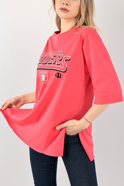 Pembe Baskılı Yırtmaçlı Bayan Tişört 100277