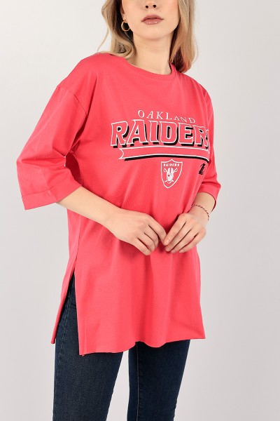Pembe Baskılı Yırtmaçlı Bayan Tişört 100277