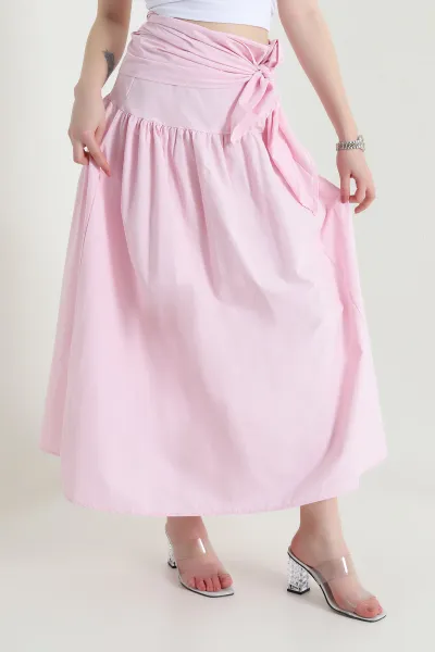 Pembe Bel Bağlamalı Poplin Kadın Etek 456301